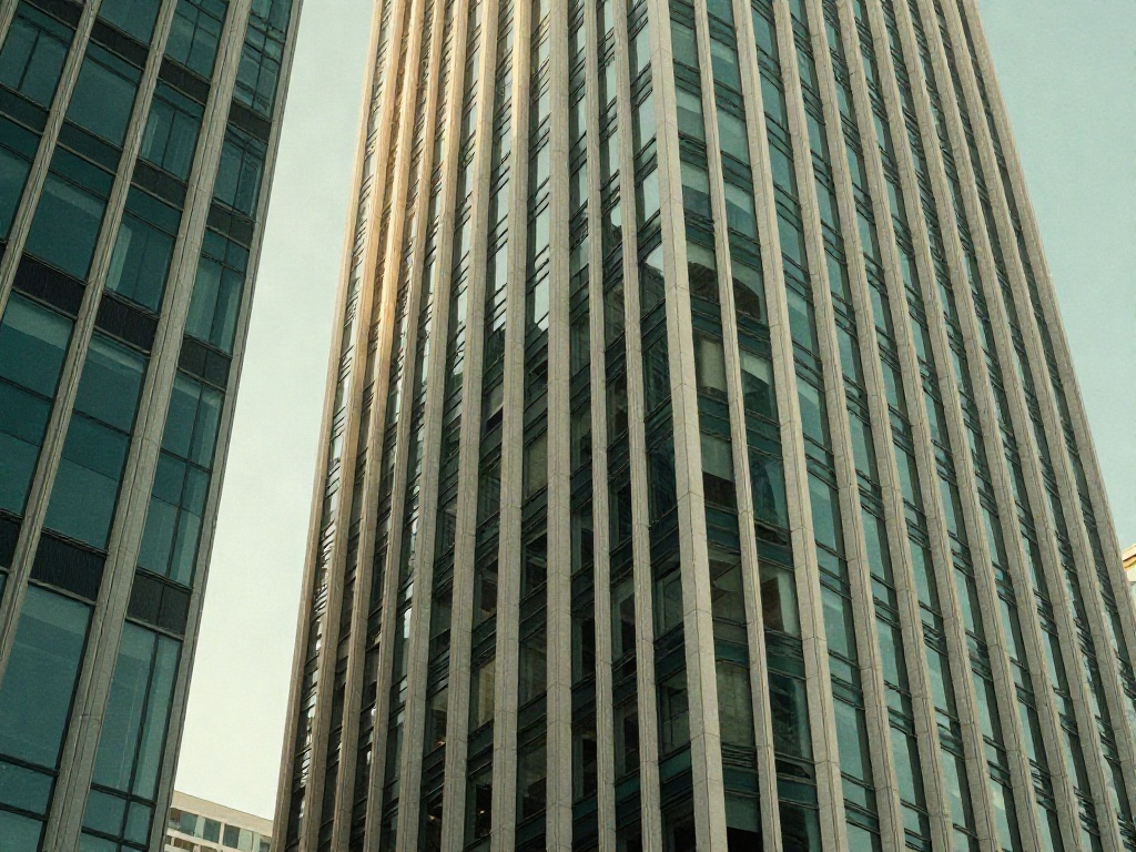 Sunlight on the precise lines and green glass of contemporary office towers